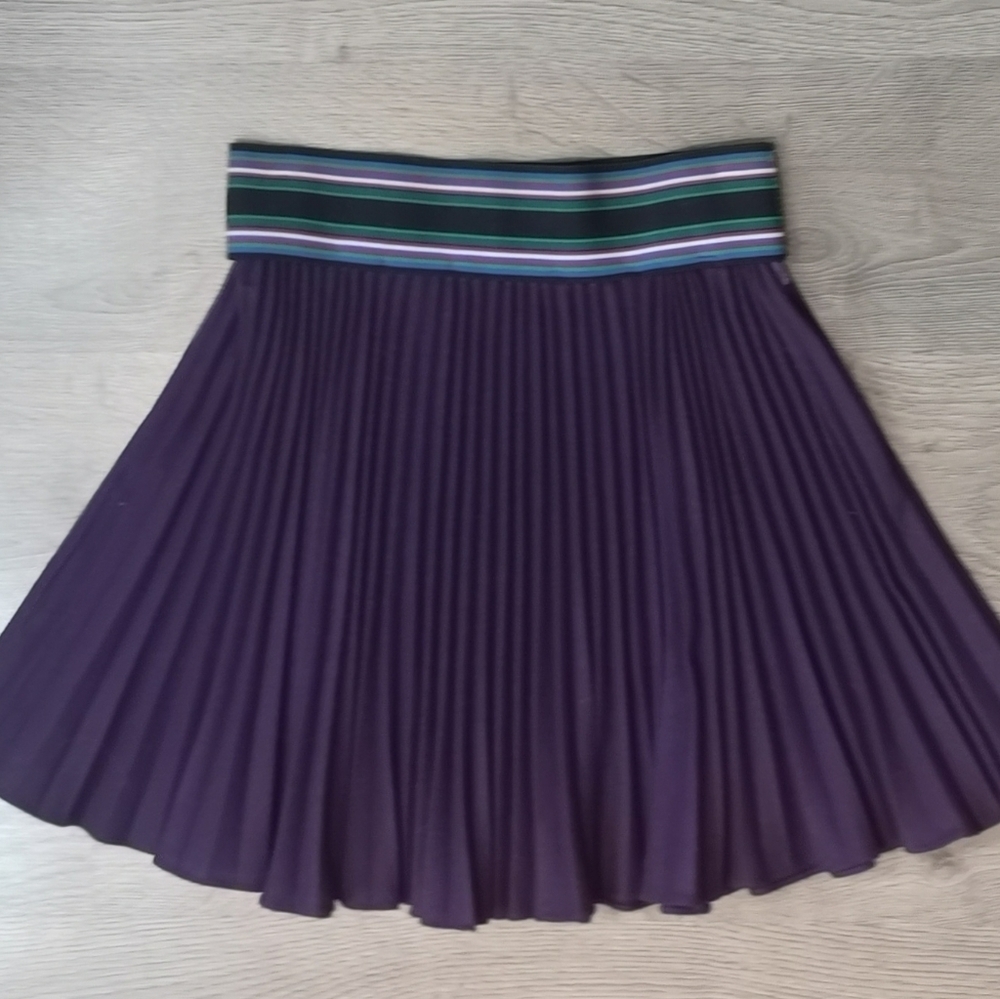 80s Vintage Purple Wool Sunburst Pleated Striped Waist Band Full Skirt